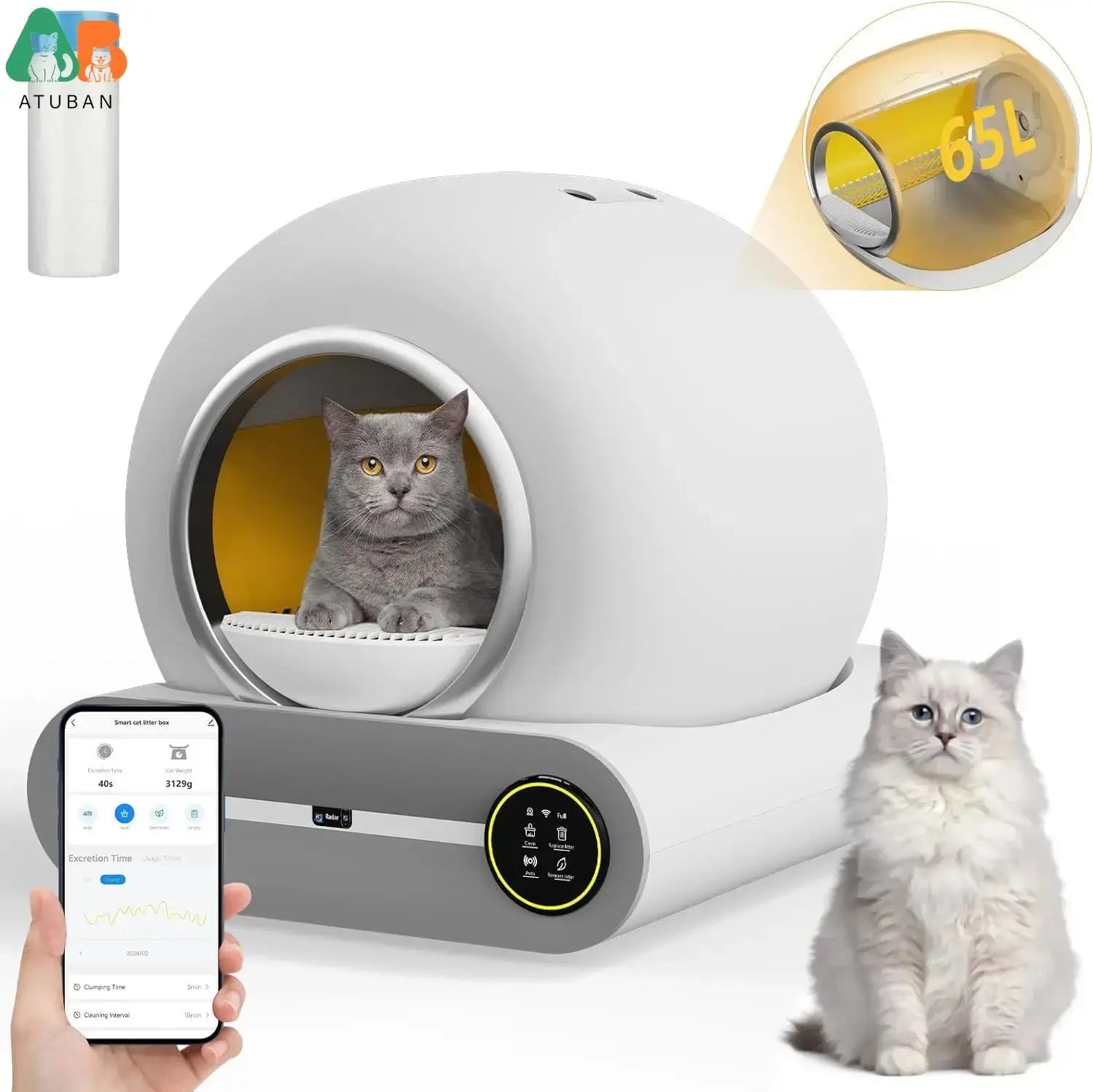 Smart Self-Books Litière Box-65L + 9L Capacité, App Control, Design sans gâchis pour plusieurs chats boutique des chats